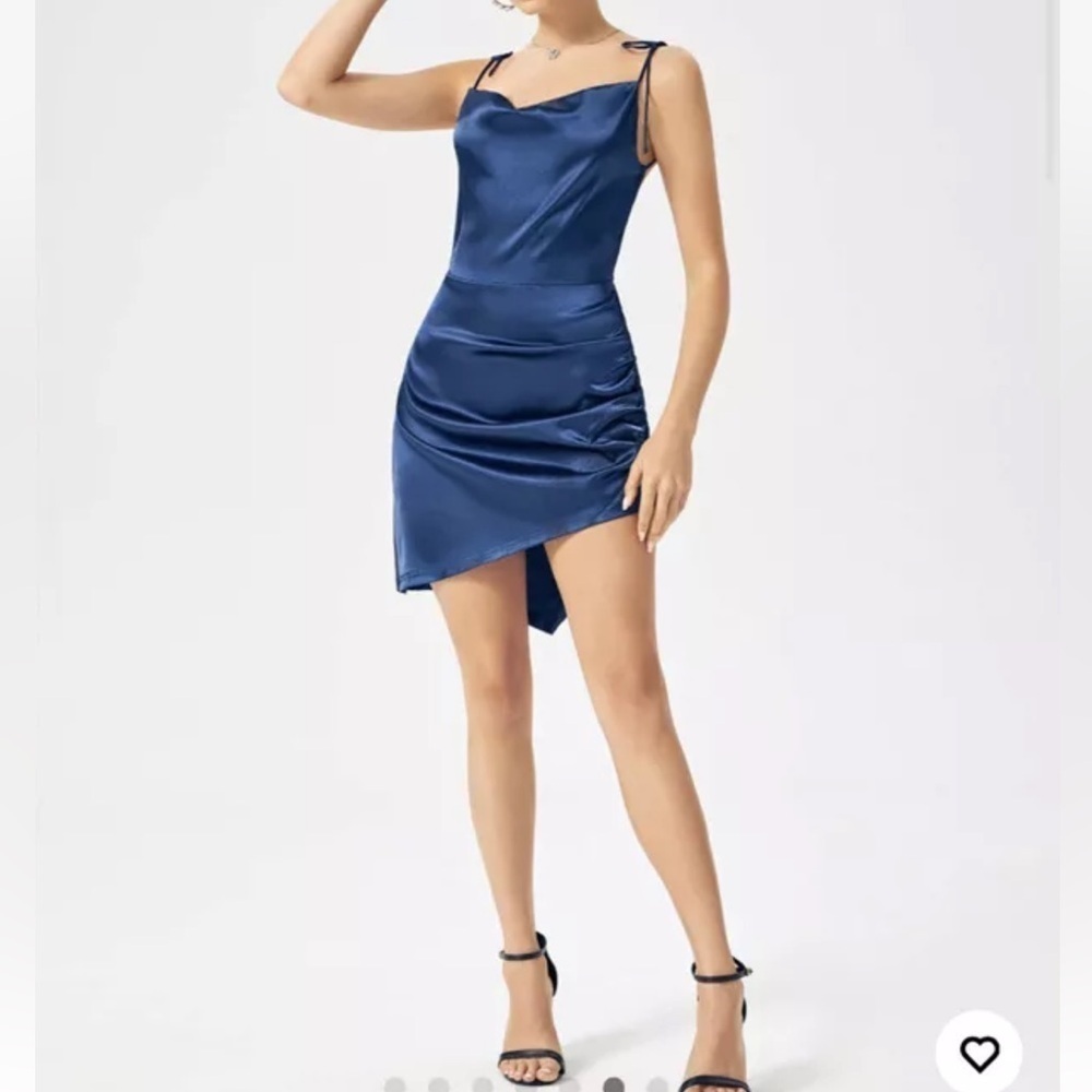 CIDER dark blue satin backless strappy cowl neck ruched mini dress‎ Sz L